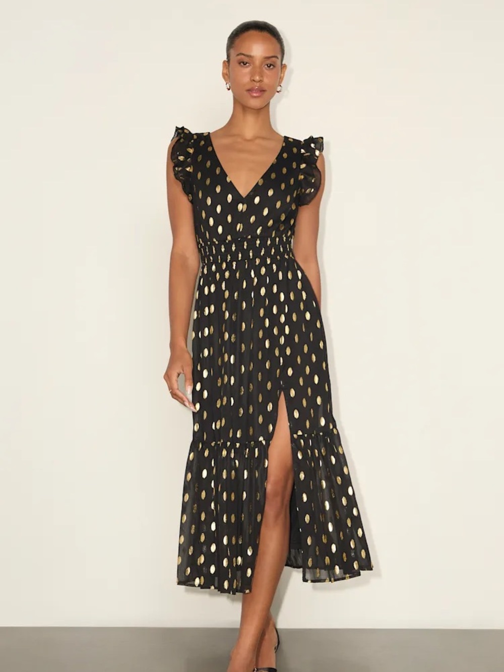 Black and Gold Dot Ruffled Tiered Midi Dress